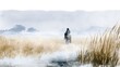 © decorator - Watercolor painting of a lone rider on horseback through misty golden fields and ethereal reeds