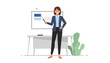 © Protik - Professional businesswoman presenting on whiteboard with pointer stick standing next to office desk on white background.