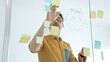 © Hanna - Entrepreneur organizing creative ideas and developing a strategic plan for business development on a transparent glass whiteboard, working with efficiency in a modern office