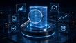 © Ahmed - Magnifying glass inspecting a glowing transparent server stack with floating data analytic icons for digital network performance monitoring and database audit