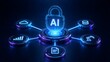 © Add Win - Glowing artificial intelligence security padlock on a digital network hub connecting cloud data robotics documents and analytics nodes