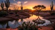 © LeDuc - 砂漠の夕日、水面に映る木々とサボテン、静寂の風景