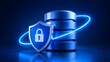 © emwe studio - Secure database server protected by glowing digital shield with padlock icon representing cybersecurity network data protection and privacy compliance.