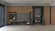© rittisak - 3D rendering of a stylish industrial loft interior empty room. This dark and moody architectural backdrop features exposed red brick walls, raw concrete flooring, dark wood cabinetry, a decorative map