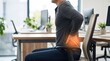 ©  Jay chou - Side view of businessman sitting in ergonomic office chair holding lower back in pain, suffering from spine discomfort or lumbar strain due to poor posture, workplace health issue