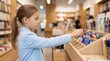 © Natali - A girl stands in a store looking at pens on a display. She is interested in choosing the right colors for her needs. People shop in the background