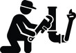 © TrojanHex - Black and white icon of a professional plumber kneeling while repairing a pipe with a wrench