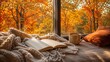 © Ksu_Sha - Cozy autumn reading nook with open book and warm coffee by window overlooking colorful fall forest view