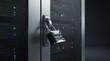 © Muhammad - Digital padlock secures a server rack door in a data center, emphasizing robust cybersecurity measures and restricted access to sensitive information.