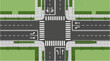 © metakritik - Top view four way road intersection vector illustration with crosswalks, sidewalk paving, and lane traffic markings