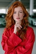 © Iryna - Close-up portrait of redhead woman with freckles and long wavy hair in red shirt for beauty headshot and model portfolio