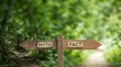 © redrek - A myth versus fact visualization showing wooden signpost with two opposite arrows over green leaves background with Myth versus Fact directional signs for choice concept for leadership and decision