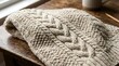 © Monirul - A close up view of a soft beige cable knit sweater folded on a rustic wooden table