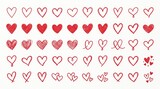 A collection of hand-drawn red heart shapes and doodle sketches isolated on a white background for romantic design elements and valentines day projects