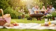 © robeen - A vibrant summer scene of a charcoal BBQ with burning fire in a garden backyard perfect for grilling food and enjoying outdoor picnics with family and friends. charcoal BBQ barbecue grill grilling