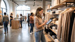 © SHRS World - Woman using a tablet to check inventory in a clothing store with customers browsing in the background