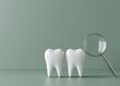 © Людмила Мазур - 3D render featuring two glossy white teeth and a silver magnifying glass on a solid green background, suggesting dental care and hygiene. Minimalist design with copy space on the left.