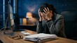 © Nobleart - Workaholic businesswoman feeling stressed while sitting at her desk with paperwork indoors.