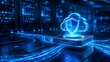 © Doel Studio - Glowing blue holographic cloud shield hovering over metallic processor node. Concept of cloud computing security, server datacenter protection, and data storage privacy.