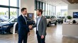 © Raphael - Car Dealership Handshake: Two businessmen seal the deal with a handshake inside a modern car dealership, surrounded by gleaming new vehicles.