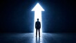 © Belawa art - Businessman standing before a large glowing upward arrow doorway in a dark room, symbolizing career opportunity, leadership, and business vision.