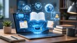 © Haya - Digital online learning concept with a laptop projecting glowing educational icons, an open book, and a graduation cap in a modern study room.
