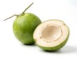 © Shilpi - Fresh green young coconut with a cut half showing white pulp isolated on a clean white background