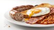 © ArifRus - A delicious traditional English breakfast with sausages bacon fried egg toast and baked beans on a white plate.