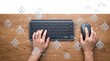© Ava - Top view of hands typing on wireless keyboard and using mouse on wooden desk with digital cloud upload icons overlay, file transfer synchronization, remote server backup solution