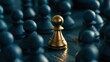 © 69 - Shiny gold pawn standing out among multiple dark blue pawns in a concept of leadership, uniqueness, strategy, and competition on chessboard surface