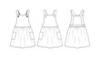 © Dalora - Pinafore dress technical flat sketch silhouette icon set with front and back views, straps, pockets, and gathered skirt.svg
