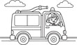 © NUR - Happy cartoon girl waving from vintage delivery truck