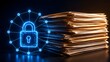 © emwe studio - Glowing digital padlock hologram connected to a network grid next to a large stack of physical paper documents representing confidential information security and safe data archiving.