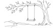 © ImageFlow  - Minimalist line drawing of wooden swing hanging from tree branch in nature