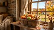 © MDASHIR - Autumn harvest vegetables in rustic wooden basket on sunny window sill.