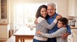 © Aurora Aesthetics - Family grandfather mother grandson hug home multigenerational bonding happy support A woman embraces her elderly father while a young boy joins their affectionate family moment for care campaigns