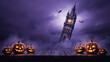 © ale studio  - Halloween Jack-O-Lanterns with Crooked Clock Tower on Purple Misty Background