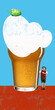 © master1305 - Giant beer glass with foam cloud and tiny server creates surreal scene. Concept of hospitality, bar service, brewery promotion, refreshment and creative beverage ads.