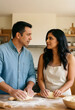 © Pixel-Shot - Couple cooking together, relationship bonding and domestic life, man and woman baking bread in home kitchen with flour and rolling pin on wooden table