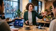 © Felippe Lopes - Businesswoman presenting data charts on laptop during meeting in modern cafe with city view