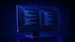 © Riski Digital Studio - Glowing computer monitor displaying colorful programming code and software development scripts against a futuristic digital rain background in a dark workspace