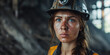 © Oleksandr - Close-up portrait of a determined young female coal miner with smudged face and intense blue eyes, wearing a weathered safety helmet and high-visibility vest inside an industrial quarry or mine site