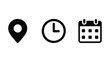 © Innovation Galary - Simple icons representing location time and calendar useful for scheduling appointments planning events and tracking dates on a white background