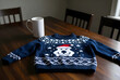 © Pixel-Shot - Christmas holiday spirit and winter fashion, blue knitted sweater with santa hat dog pattern and white coffee mug on wooden dining table at home