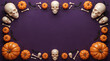 © Orvexa Design - Halloween border with pumpkins and skulls on purple background for holiday invitation design