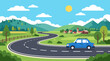 © tayyab - Blue Sedan Car Driving on a Scenic Winding Road Through Beautiful Green Rolling Hills and Rural Countryside Landscape Illustration
