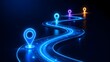 © Ridwan_DigitalGrid - Glowing neon blue winding road with colorful location markers on dark background representing digital roadmap business journey navigation and future milestones.