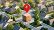 © Ribas_ProductPro - 3D Cardboard Delivery Box with Red Location Pin in Miniature Suburban Neighborhood Representing Local Logistics and Package Tracking