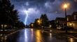 © penguin - A dramatic lightning bolt strikes the night sky over a rain soaked suburban street during a powerful summer thunderstorm at midnight