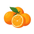 © kato - Juicy whole orange with fresh green leaf on a clean white background.